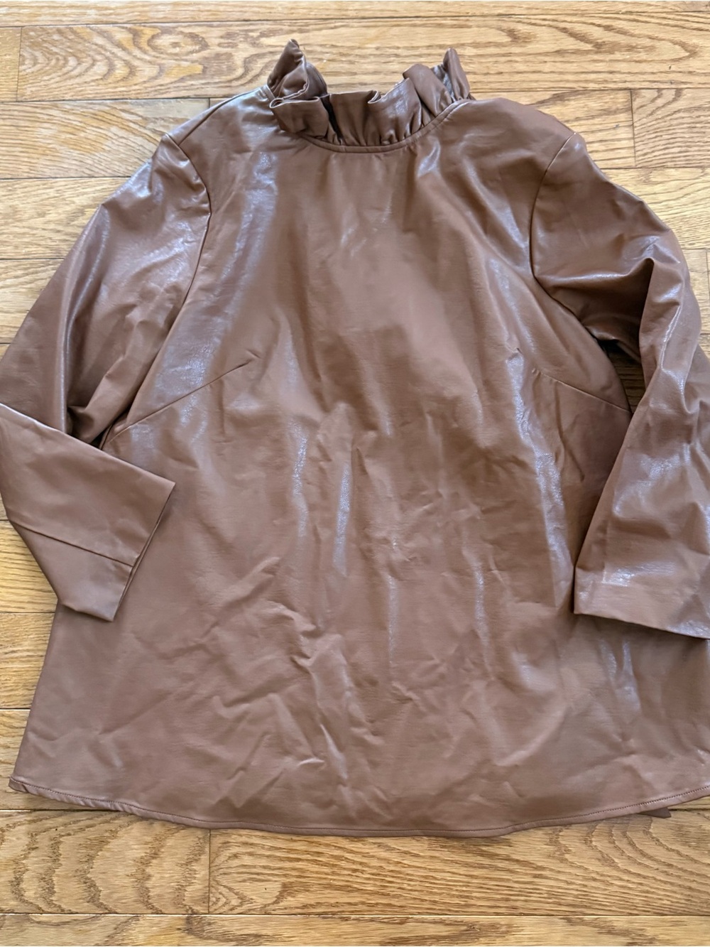 Tuckernuck Faye Faux Leather Top Size Medium Cognac Brown Ruffle Collar Tie Back